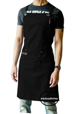 Çapraz Askılı Mutfak Önlüğü Master Chef Cafe Restaurant Şef Garson Aşçı Kuaför Barista Önlük - Siyah - Medusaforma