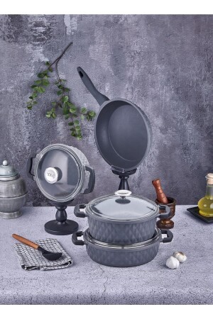 Carabella Cast Glass Lid 7 Piece Cookware Set Gray Tac-3731 TAC-3818 - Taç