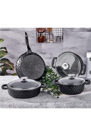 Carabella Cast Iron 7 Piece Cookware Set with Glass Lid Black - Tac-3817 - Taç