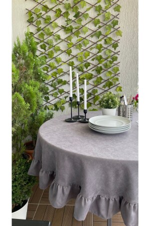 Carefree Velvet Textured Vintage Ruffled Smoked Gray Round Tablecloth - Decamor Home