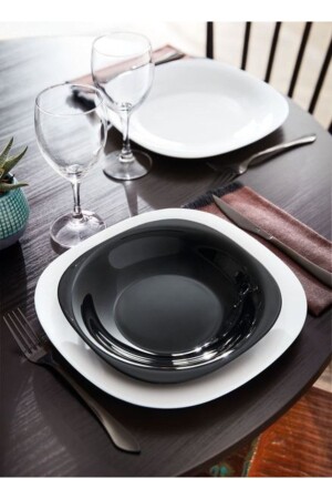 Carine 12-teiliges Tafelservice für 6 Personen. weiß 27cm. Service & Schwarz 21 cm. hohler Speiseteller. MADAME LUDA HOME-KOLLEKTION - Luminarc
