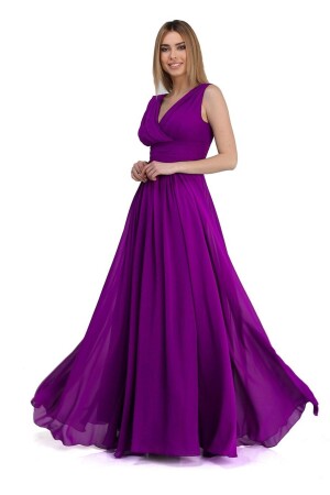 Carmen Fuchsia Chiffon V-Neck Long Evening Dress - Pierre Cardin