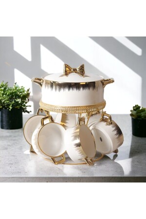 Carmen Gold Gilded 9 Piece Porcelain Pot and Bowl Soup Set with Stand - Vadi