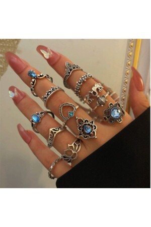 Carve 13 Piece Blue Stone Ring Set - Girift Vintage