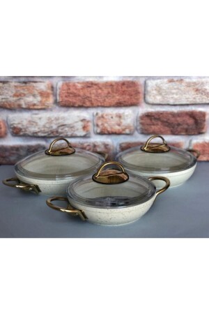 Cast Cream Gold Handle Granite Pan Set of 3 K-529 - Özkent