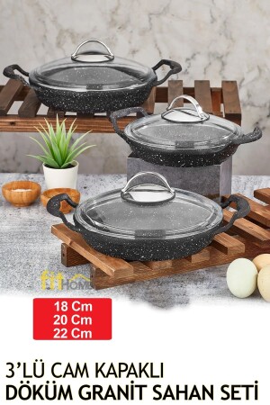 Cast Granite Pan Set with Glass Lid 18-20-22 Cm 3-Piece Pan Set KAPAKLISAHAN - fitfiyat