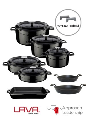 Cast Iron Eight-Piece Pot and Pan Set Trendy Black Silicone Handle 898941489884 - Lava