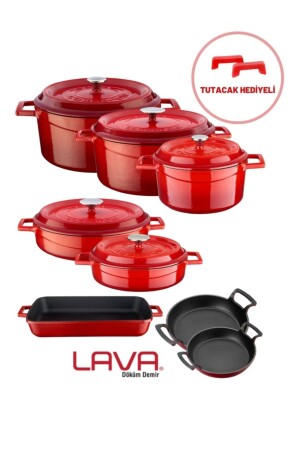 Cast Iron Eight-Piece Pot and Pan Set Trendy Red (With Silicone Handle) 898941489884 - Lava