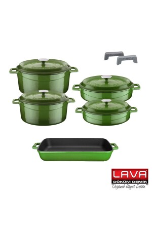 Cast Iron Five-Piece Pot and Pan Set Trendy Green Silicone and Handle 498465464156 - Lava