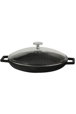 Cast Iron Round Grill Pan with Glass Lid Cast Iron Solid Double Handles Diameter (Ø)30cm. LV ECO GT 30 T5 K3 - Lava