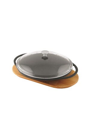 Cast Iron Round Sheet Roasting Pan Cast Iron Solid Double Handle Glass Lid Beech Service Wooden LV ECO SK 28 T7 K3 - Lava