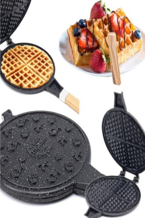 Cast Iron Waffle Pan Wooden Handle Black - Taşhan