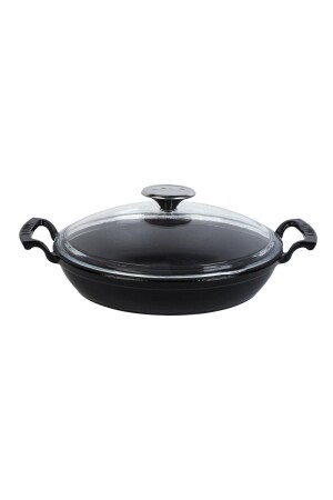 Cast Round Bowl with Glass Lid, Cast Iron, Solid, Double Handled, Diameter (Ø) 24cm. LV Y TV 24 SHN K3 - Lava
