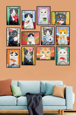Cat Painting Set 12 Pieces MDF Painting Set with Frame and Cat Tablo8 - Biz Dijital