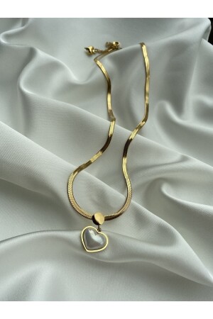 MNZ-White Curved Heart Necklace with Steel (منزج قلب منحني أبيض) مع صلب صلب صلبي من السلسلة الذهبية Dnak8393992 - dani aksesuar