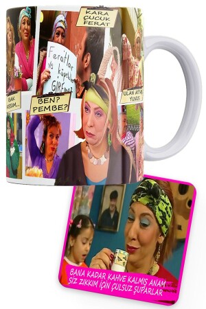 Cennet Mahallesi-Serie, rosa Collage bedruckte Porzellantasse mit Holzuntersetzer, Geschenk Cennet-Mah. 14 - remonz