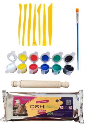 Ceramic Dough Starter Set 4 - 6-Piece Paint Set, 5-piece Eclipse, Roller, Brush, 1000gr Natural Clay Plastic Eclipse Set - DSH Doğal Seramik Hamuru