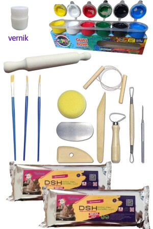 Ceramic Starter Set 12 - Set of 8 Eclipse - 2 Pieces of 1 Kg White Ceramic Dough - Gouache Paint - Roller - Dsh Doğal Seramik Hamuru