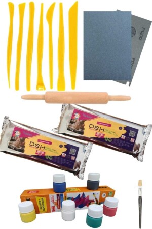 Ceramic Starter Set 8 - 7 Flowerpots - 2 Pieces of 1000gr Ceramic Dough - Sandpaper - Roller - Gouache Paint - Dsh Doğal Seramik Hamuru