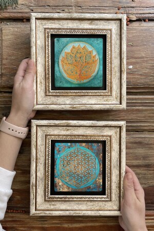 Çerçeveli Taş Duvar Dekoru Tablo 20x20cm 2'li Set (1090-1077) Yaşam Çiçeği Lotus - Oscar Stone Decor