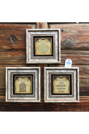 Çerçeveli Taş Duvar Dekoru Tablo Pano 3'lü 20 X 20 Cm Ayetel Nazar Bereket 3CDD-40-011 - Oscar Stone Decor