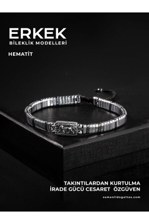 CERTIFIED HEMATITE NATURAL STONE BRAIDED 925 SILVER DESIGN BRACELET (WITH LION SYMBOL) - Osmanli Doğal Taş