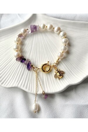 Certified Real Pearl and Amethyst Natural Stone Zircon Design Women's Bracelet with Bee Figure - Jewine Studio
