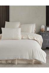 Çeyizlik %100cotton Yeni Sezon Dantelli, Bağcıklı Safir Çift Kişilik Nevresim Tk. 6 Parça 