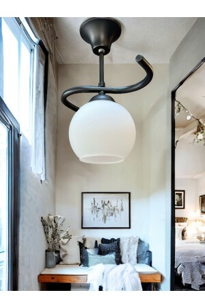 Chandelier Lighting Black Case White Glass 02 Poyraz Single - Avizevi