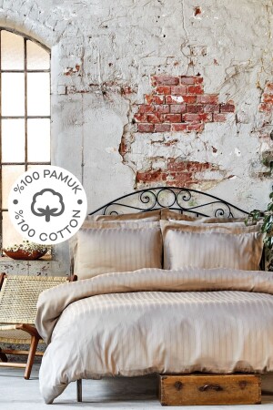 Charm Bold Beige Satin 100% Cotton Double Duvet Cover Set 200. 16. 01. 0067 - Karaca Home