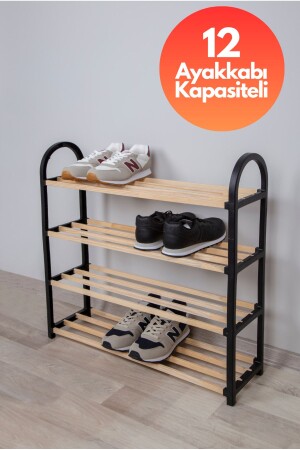 Chawood 4-Compartment Black Shoe Rack Solid Wooden Shoe Rack Shelf Unit with Wooden Rods - Çavdar Group