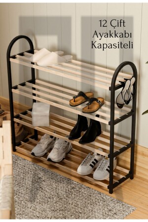 Chawood 4-Compartment Black Shoe Rack Solid Wooden Shoe Rack Shelf Unit with Wooden Rods - Çavdar Group