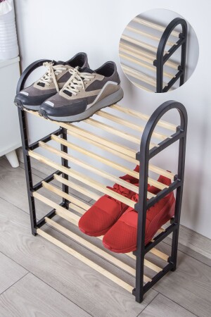 Chawood Midi 4-Compartment Black Shoe Rack Solid Wooden Shoe Rack Shelf Unit with Wooden Rods - Çavdar Group