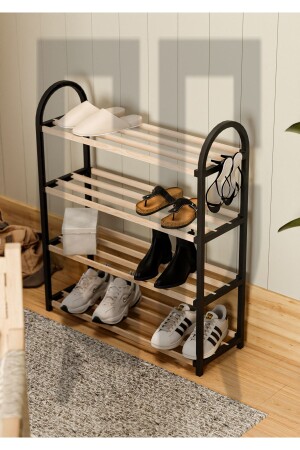 Chawood Midi 4-Compartment Black Shoe Rack with Wooden Rod Shelf Unit with a Capacity of 8 Pairs of Shoes - Çavdar Group