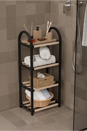 Chawood Mini 4-Compartment Black Bathroom Organizer Solid Wood Shoe Rack Shelf Unit with Wooden Rods - Çavdar Group