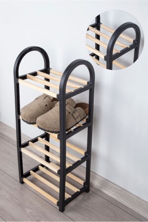 Chawood Mini 4-Compartment Black Shoe Rack Solid Wooden Shoe Rack Shelf Unit with Wooden Rods - Çavdar Group