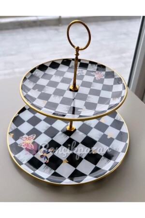 Checkerboard Patterned 2 Layer Cake and Cookie Holder d2kpkt - PONCİKPAZAR