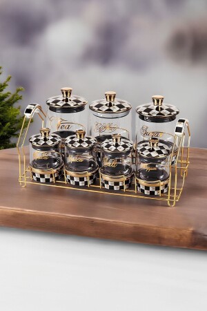 Checkerboard Patterned 7 Piece Glass Spice Set with Gold Gilded Porcelain Lid and Gold Stand - Vadi