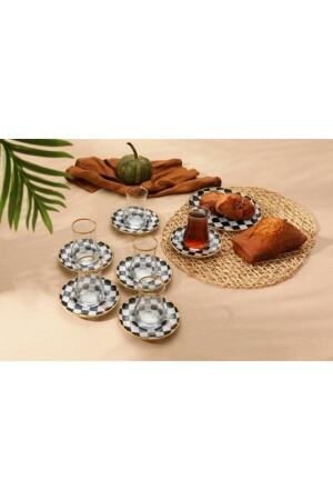 Checkered Butterfly Tea Set 12 Pieces Checkered Tea Set Without Handle - GÜRCÜGLASS