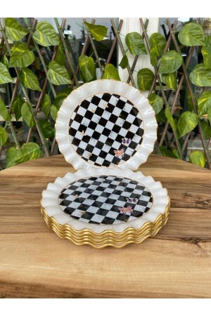 Checkered model gold 6 piece cake plate. - Gürcüglass
