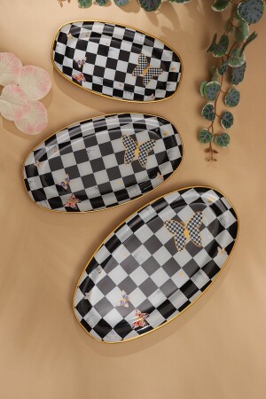 Checkered Oval Boat Plate Set of 3 Checkered Boat Plate - GÜRCÜGLASS