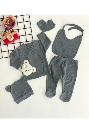 Cheerful Babies Organic Fabric Teddy Bear Embroidered Pattern 5 Piece Hospital Discharge Set Gray - Derinbebe