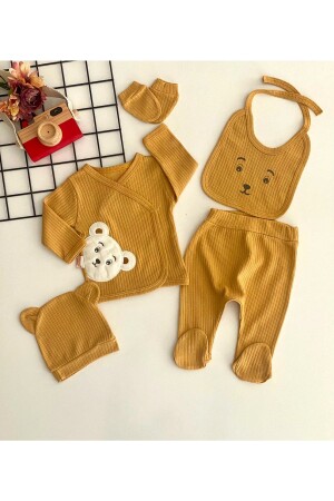 Cheerful Babies Organic Fabric Teddy Bear Embroidered Pattern 5 Piece Hospital Discharge Set Mustard - Derinbebe