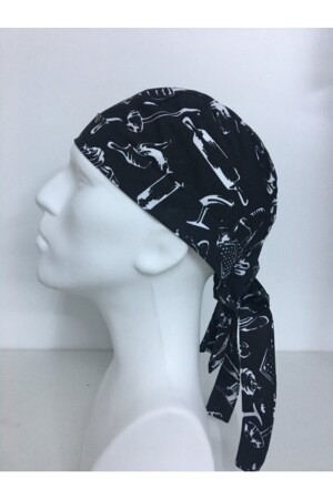 Chef Cap Hat Bandana (black Kitchen Patterned) - Adalilar İş Elbiseleri