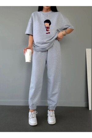 Chen T-shirt Eşofman Altı Jogger - Gri Baskılı Alt Üst Eşofman Takımı Oversize Bisiklet Yaka - Clayes