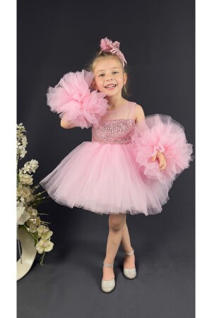Chiffon Robe Pompom Sleeve Sequined Girl's Crinoline Skirt Tutu Evening Dress Pink - Mnk Baby&Kids