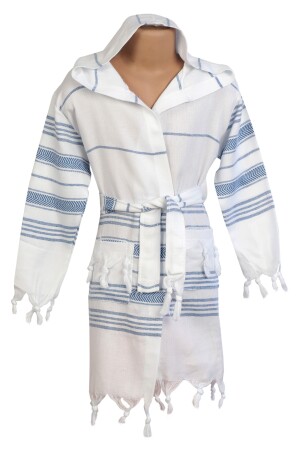 Children's Blue Striped Hooded Peshtemal Bathrobe YtPesCocukBorMaviCiz - YILMAZLAR TEKSTİL