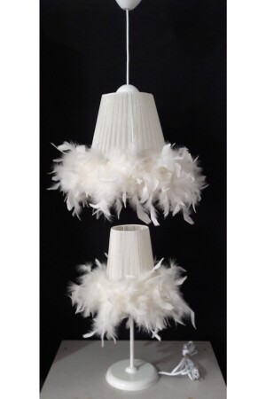Children's Room Cream Feather Chandelier Lampshade Set with White Metal Legs 303030 - TEKAY AYDINLATMA