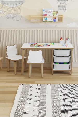 Children's Table Chair Set - Study and Activity Table with 3 Baskets - write-wipe Surface - 2 Panda Chairs ACTIVITY WITH SIDE BASKET 2 CHAIRS - POFİTTO