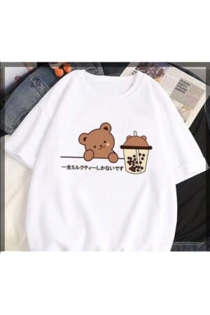 Children's Trend Model White Teddy Bear Printed Cotton T Shirt - Pelna